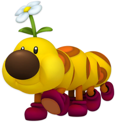 Wiggler from the Mario series, smiling happily